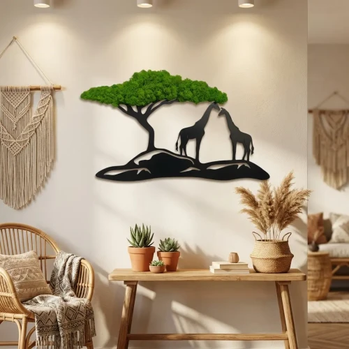 Obraz z Mchu Chrobotka Drzewo i Żyrafy 60x34 | Dekoracja 3D | FabART