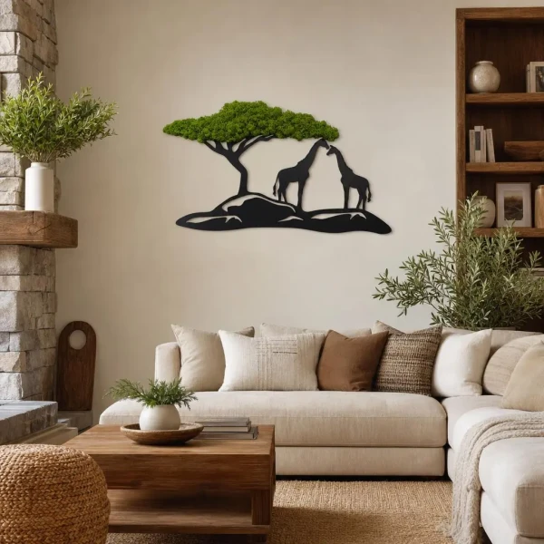 Obraz z Mchu Chrobotka Drzewo i Żyrafy 60x34 | Dekoracja 3D | FabART
