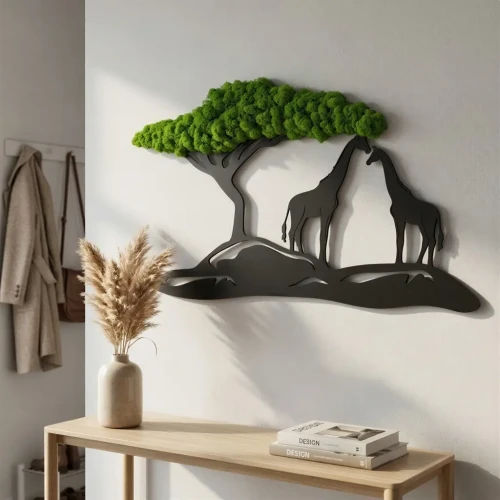 Obraz z Mchu Chrobotka Drzewo i Żyrafy 60x34 | Dekoracja 3D | FabART