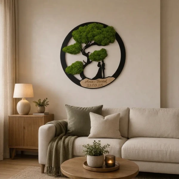 Obraz z Mchu Chrobotka Personalizowany - Para młoda pod drzewem bonsai z Grawerem.webp