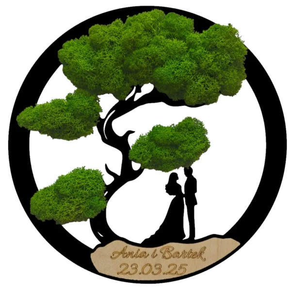 Obraz z Mchu Chrobotka Personalizowany - Para młoda pod drzewem bonsai z Grawerem 3.webp