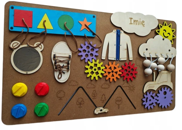 TABLICA MANIPULACYJNA SENSORYCZNA MONTESSORI PERSONALIZOWANA BRĄZOWA DUŻA