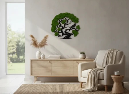 Żywy Obraz z Mchu Chrobotka Drzewo z Ptakiem 3D | 2 Rozmiary | FabART