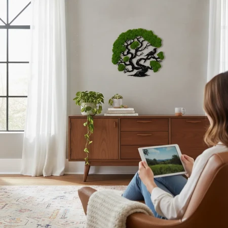 Żywy Obraz z Mchu Chrobotka Drzewo z Ptakiem 3D | 2 Rozmiary | FabART