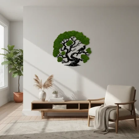 Żywy Obraz z Mchu Chrobotka Drzewo z Ptakiem 3D | 2 Rozmiary | FabART