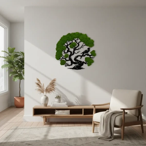 Żywy Obraz z Mchu Chrobotka Drzewo z Ptakiem 3D | 2 Rozmiary | FabART