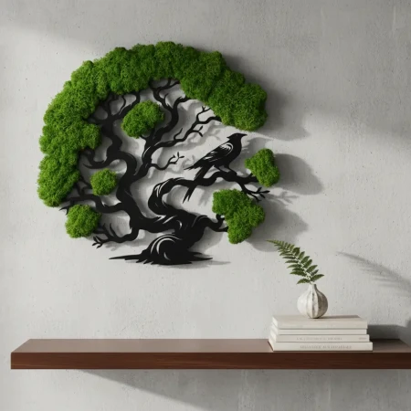 Żywy Obraz z Mchu Chrobotka Drzewo z Ptakiem 3D | 2 Rozmiary | FabART