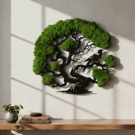 Żywy Obraz z Mchu Chrobotka Drzewo z Ptakiem 3D | 2 Rozmiary | FabART