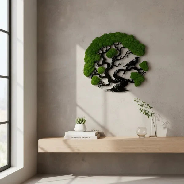 Żywy Obraz z Mchu Chrobotka Drzewo z Ptakiem 3D | 2 Rozmiary | FabART