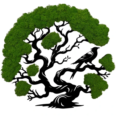 Żywy Obraz z Mchu Chrobotka Drzewo z Ptakiem 3D | 2 Rozmiary | FabART