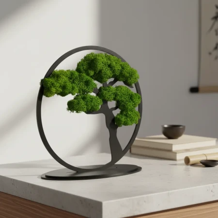 Stojący Obraz z Mchu Chrobotka Bonsai 24x24 cm | Na Biurko | FabART