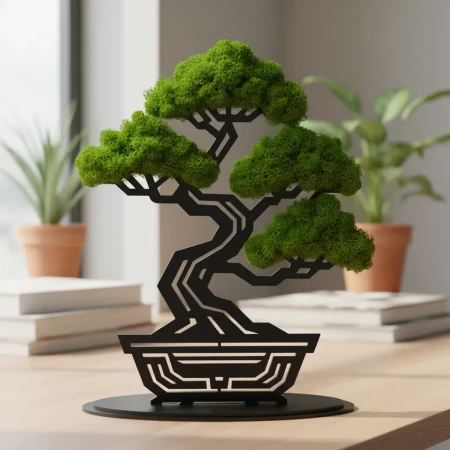 Geometryczne Bonsai z Gęstego Mchu | Stojąca Rzeźba 3D na Podstawce | FabART