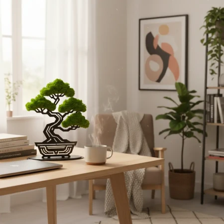 Geometryczne Bonsai z Gęstego Mchu | Stojąca Rzeźba 3D na Podstawce | FabART