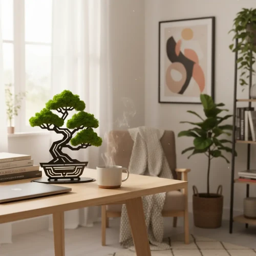 Geometryczne Bonsai z Gęstego Mchu | Stojąca Rzeźba 3D na Podstawce | FabART