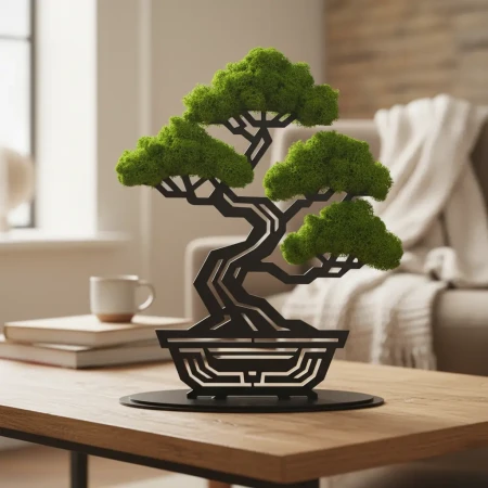 Geometryczne Bonsai z Gęstego Mchu | Stojąca Rzeźba 3D na Podstawce | FabART