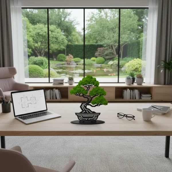 Geometryczne Bonsai z Gęstego Mchu | Stojąca Rzeźba 3D na Podstawce | FabART