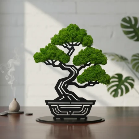Geometryczne Bonsai z Gęstego Mchu | Stojąca Rzeźba 3D na Podstawce | FabART