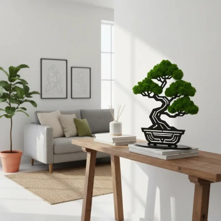 Geometryczne Bonsai z Gęstego Mchu | Stojąca Rzeźba 3D na Podstawce | FabART