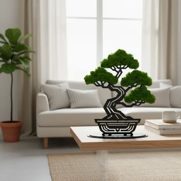 Geometryczne Bonsai z Gęstego Mchu | Stojąca Rzeźba 3D na Podstawce | FabART