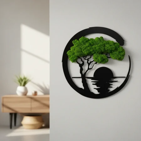 Obraz z Mchu Chrobotka Zachód Słońca 35x35 | Ozdoba Ścienna 3D | FabART