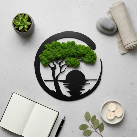 Obraz z Mchu Chrobotka Zachód Słońca 35x35 | Ozdoba Ścienna 3D | FabART