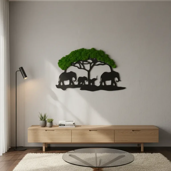 Obraz z Mchu Chrobotka Drzewo i Słonie | Dekoracja 3D | FabART