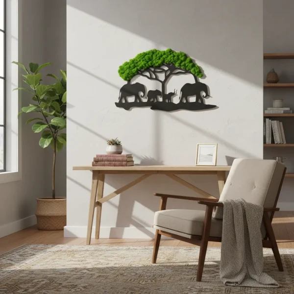 Obraz z Mchu Chrobotka Drzewo i Słonie | Dekoracja 3D | FabART
