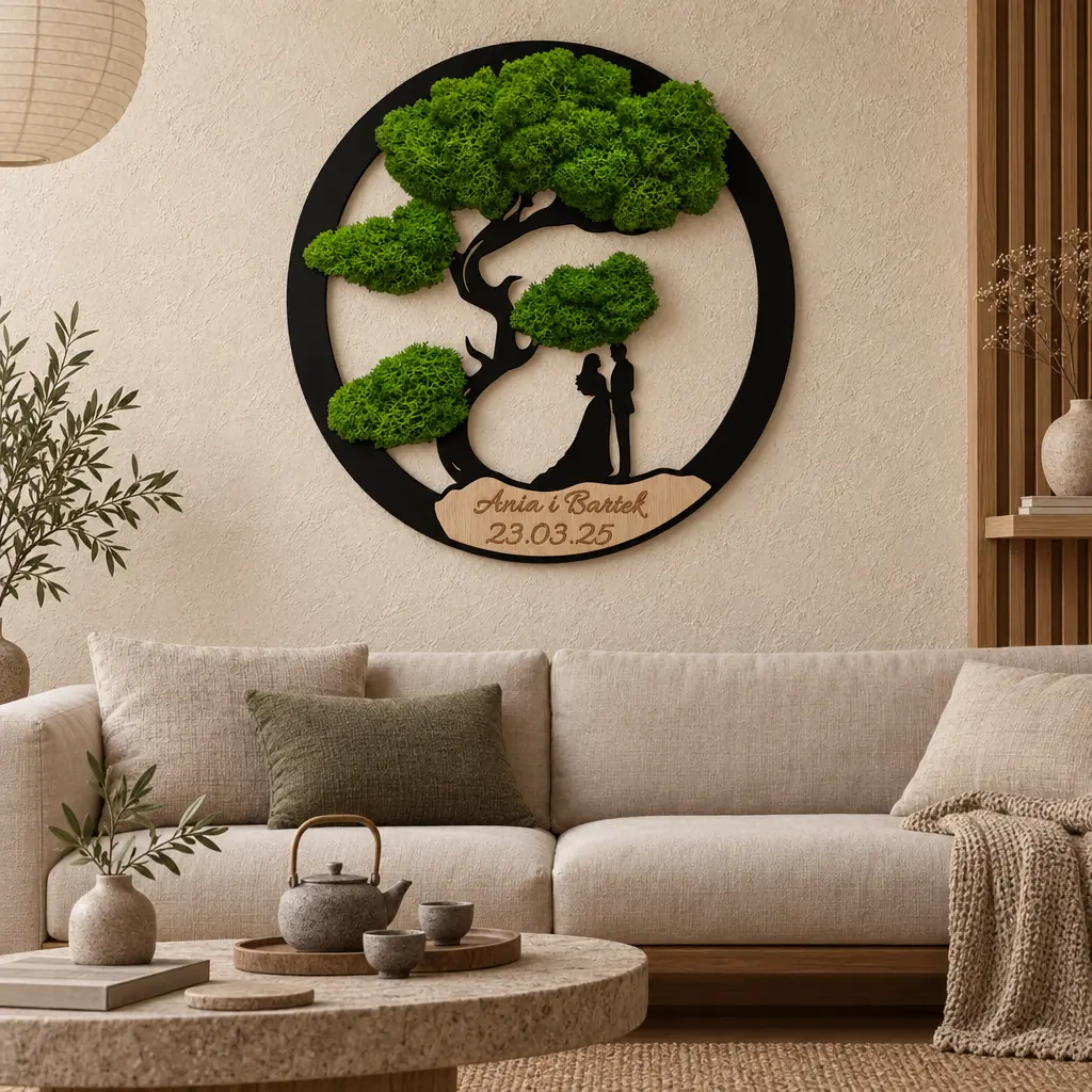 Obraz z Mchu Chrobotka Personalizowany - Para młoda pod drzewem bonsai z Grawerem