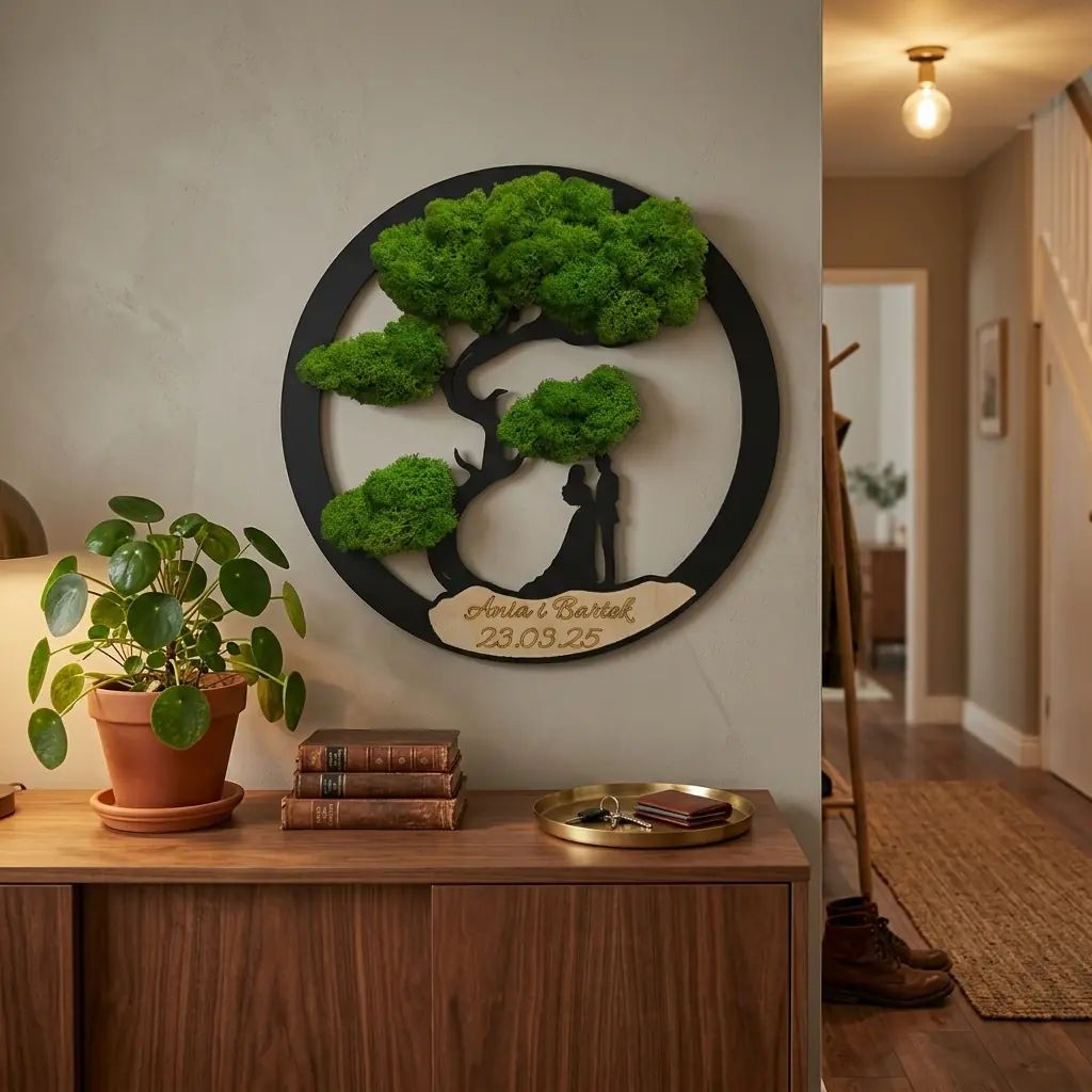 Obraz z Mchu Chrobotka Personalizowany - Para młoda pod drzewem bonsai z Grawerem