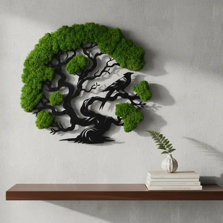 Żywy Obraz z Mchu Chrobotka Drzewo z Ptakiem